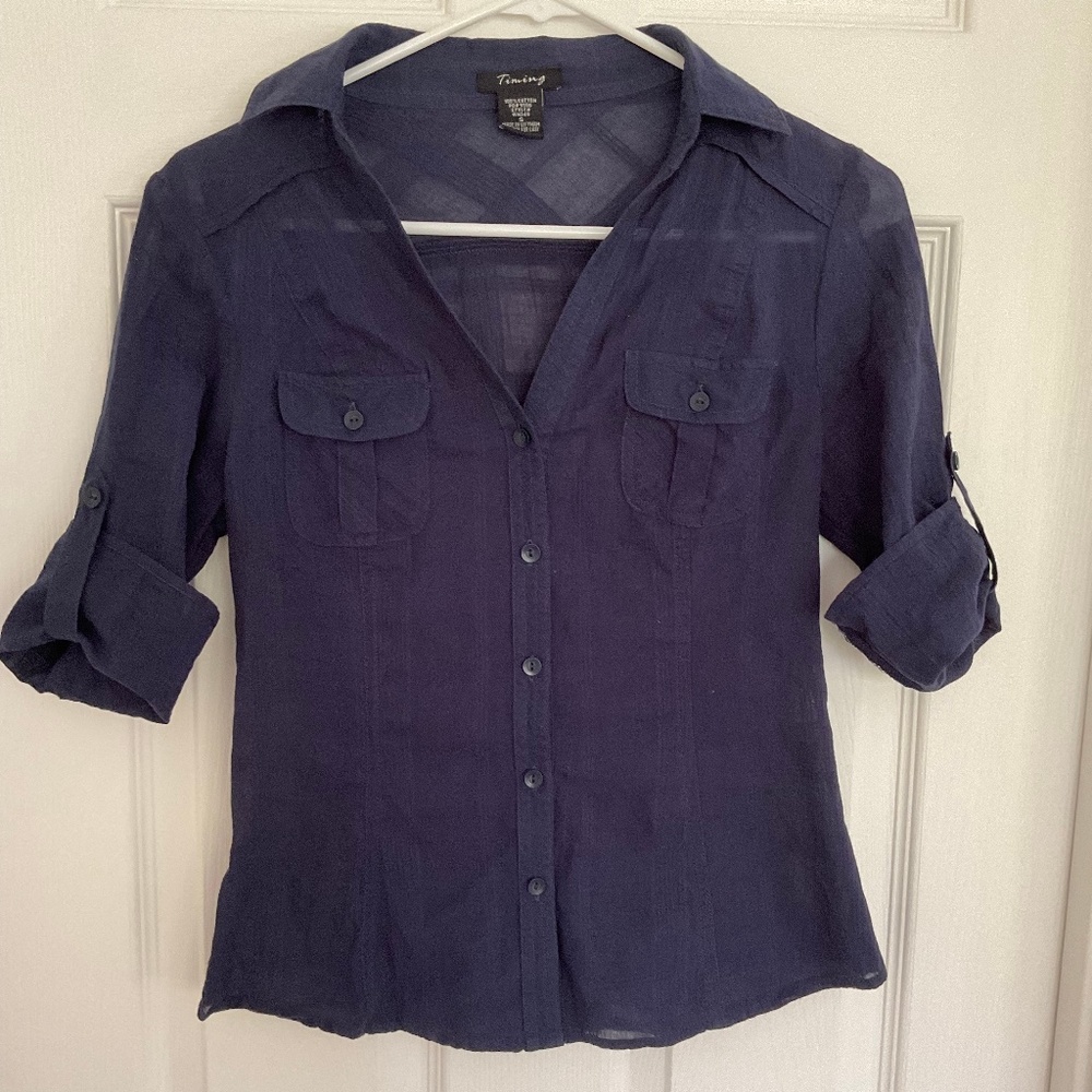 Timing Sheer Navy Blue Button Down 3/4 Length Sleeve Top with Tabs Size Small